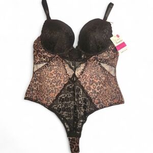 Curve Necessities 2X Sheer Lace Bodysuit w/ Demi Bra & Thong Leopard Print Black
